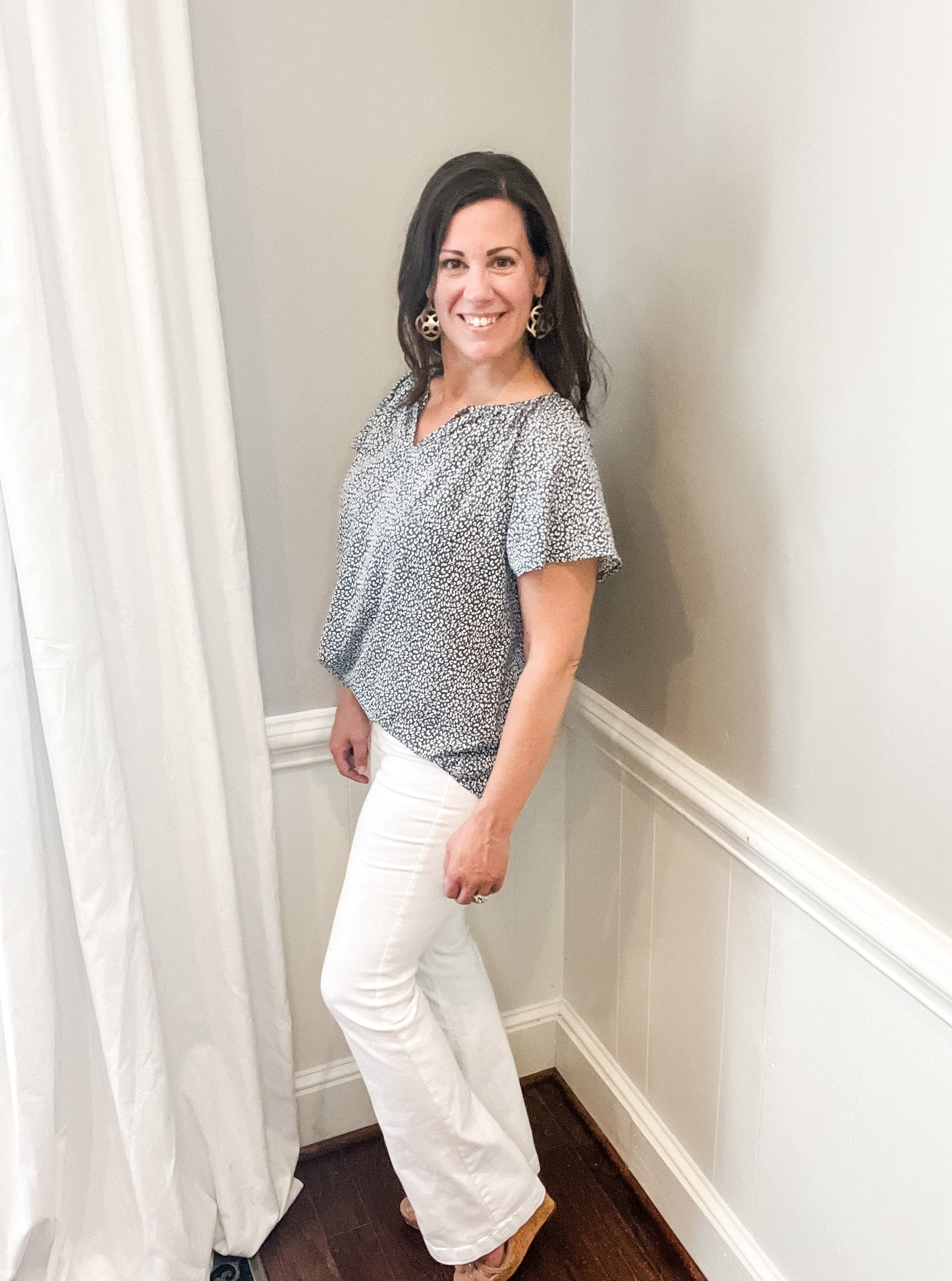 Blue and white leopard print top
