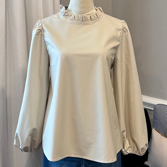 Sand Pleather Frilled Neck Top